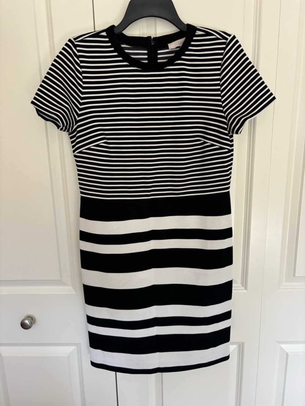 Ann Taylor LOFT Womens Preppy Black White Striped Midi Dress Size 10 office